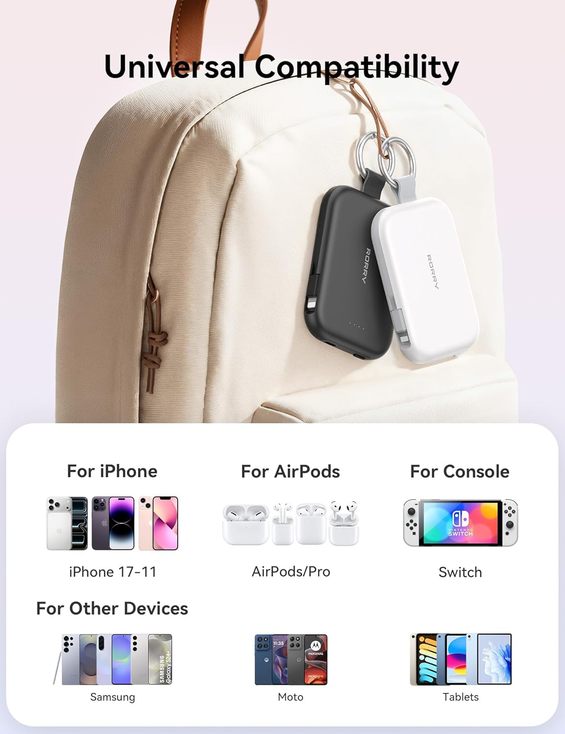 Portable Charger, 5000Mah Portable Charger Power Bank with Built-In Cables, Travel Keychain Charger Battery Pack for Iphone 17/16/15/14/13/12, for Airpods 2/3/4/Pro, Pink