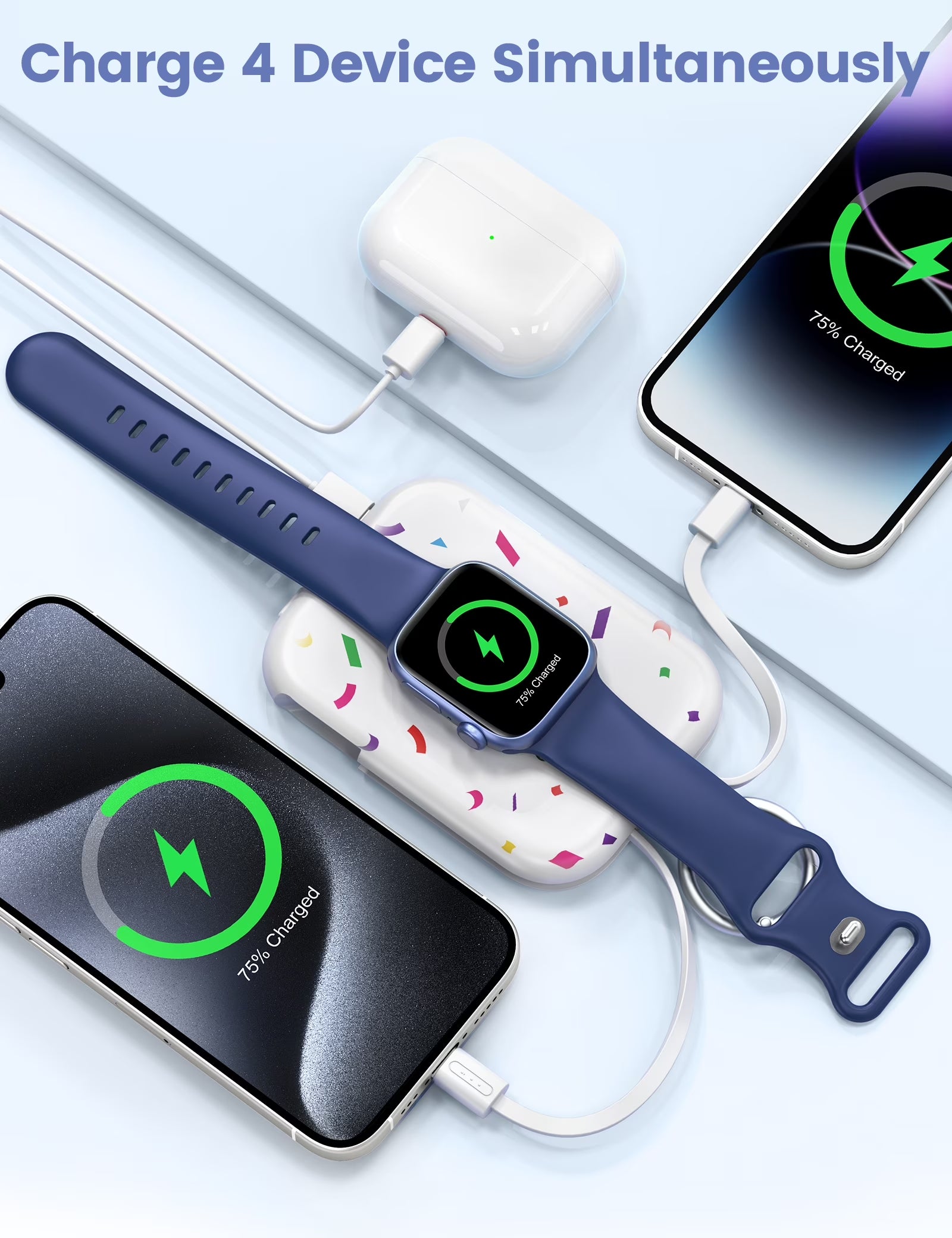 Portable Charger, 5000Mah Power Bank - Apple Watch Charger with Built-In Cables,Travel-Ready Portable Charger for Iphone 17/ 16/15/14 ,Android ,Apple Watch Ultra2/11/10/9/8, Confetti-White