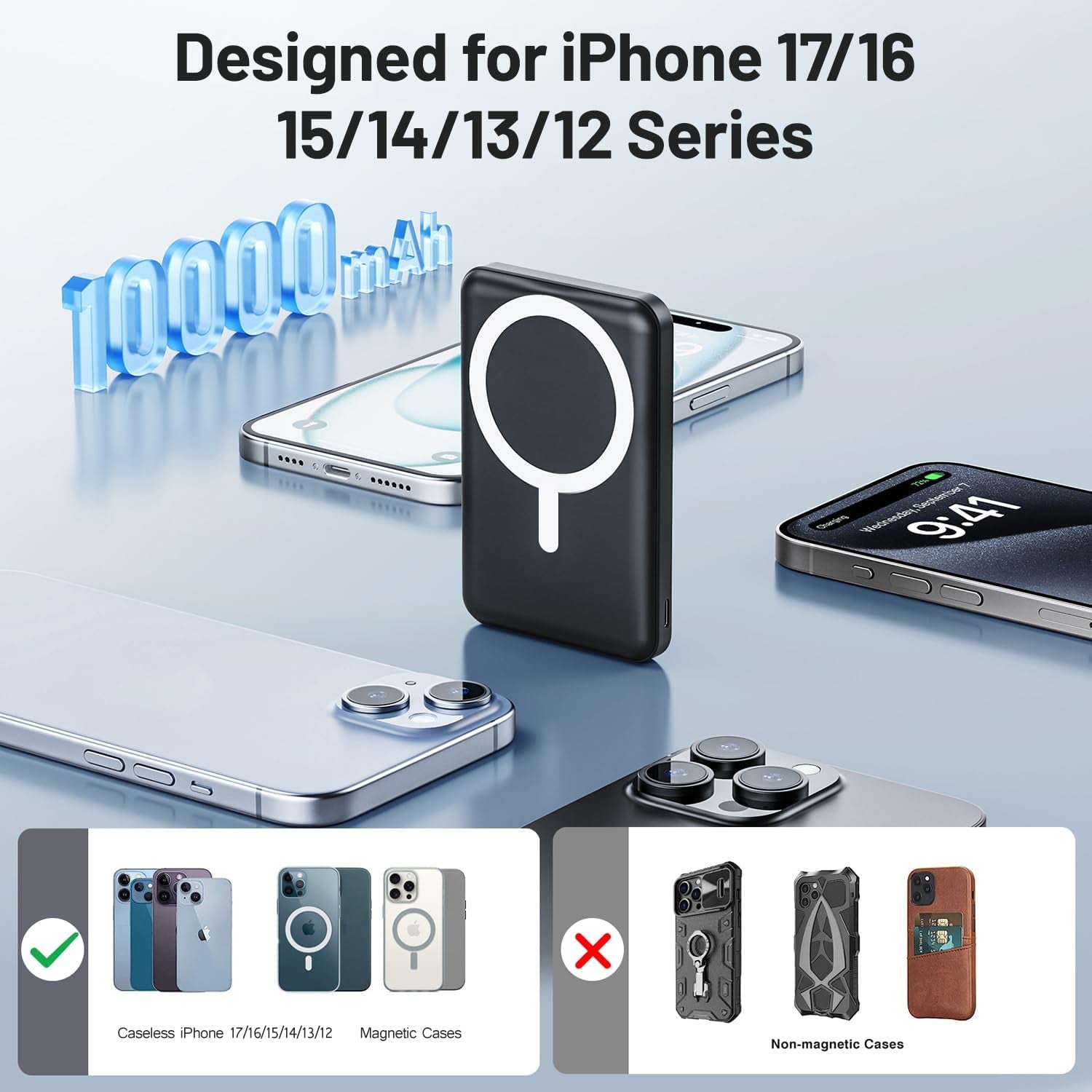 for Magsafe Portable Charger, 10000Mah Magnetic Power Bank 22.5W Fast Charging, Mini Battery Pack Wireless with LED Display&Foldable Stand for Iphone 17/16/15/14/13/12 Series (Obsidian Black)