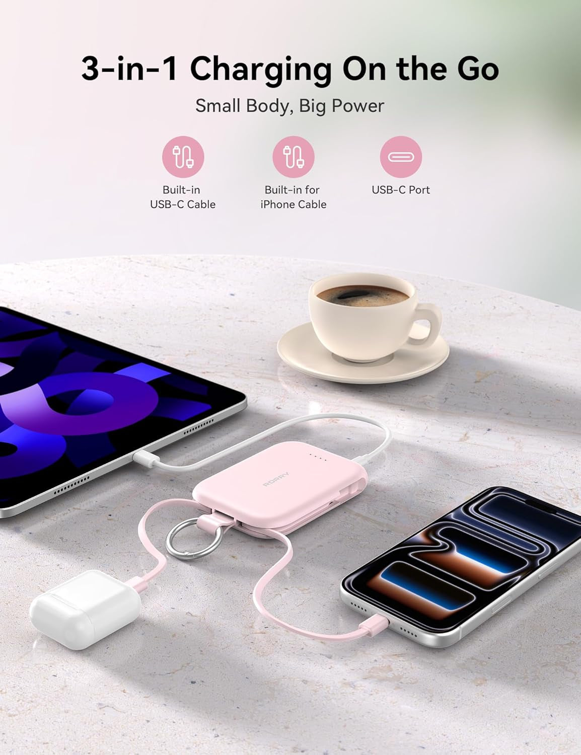 Portable Charger, 5000Mah Portable Charger Power Bank with Built-In Cables, Travel Keychain Charger Battery Pack for Iphone 17/16/15/14/13/12, for Airpods 2/3/4/Pro, Pink