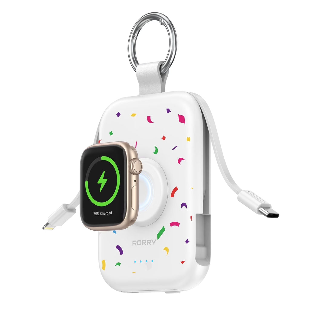 Portable Charger, 5000Mah Power Bank - Apple Watch Charger with Built-In Cables,Travel-Ready Portable Charger for Iphone 17/ 16/15/14 ,Android ,Apple Watch Ultra2/11/10/9/8, Confetti-White