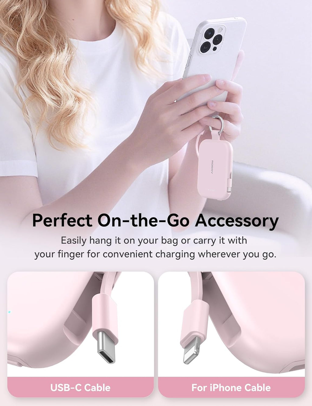 Portable Charger, 5000Mah Portable Charger Power Bank with Built-In Cables, Travel Keychain Charger Battery Pack for Iphone 17/16/15/14/13/12, for Airpods 2/3/4/Pro, Pink