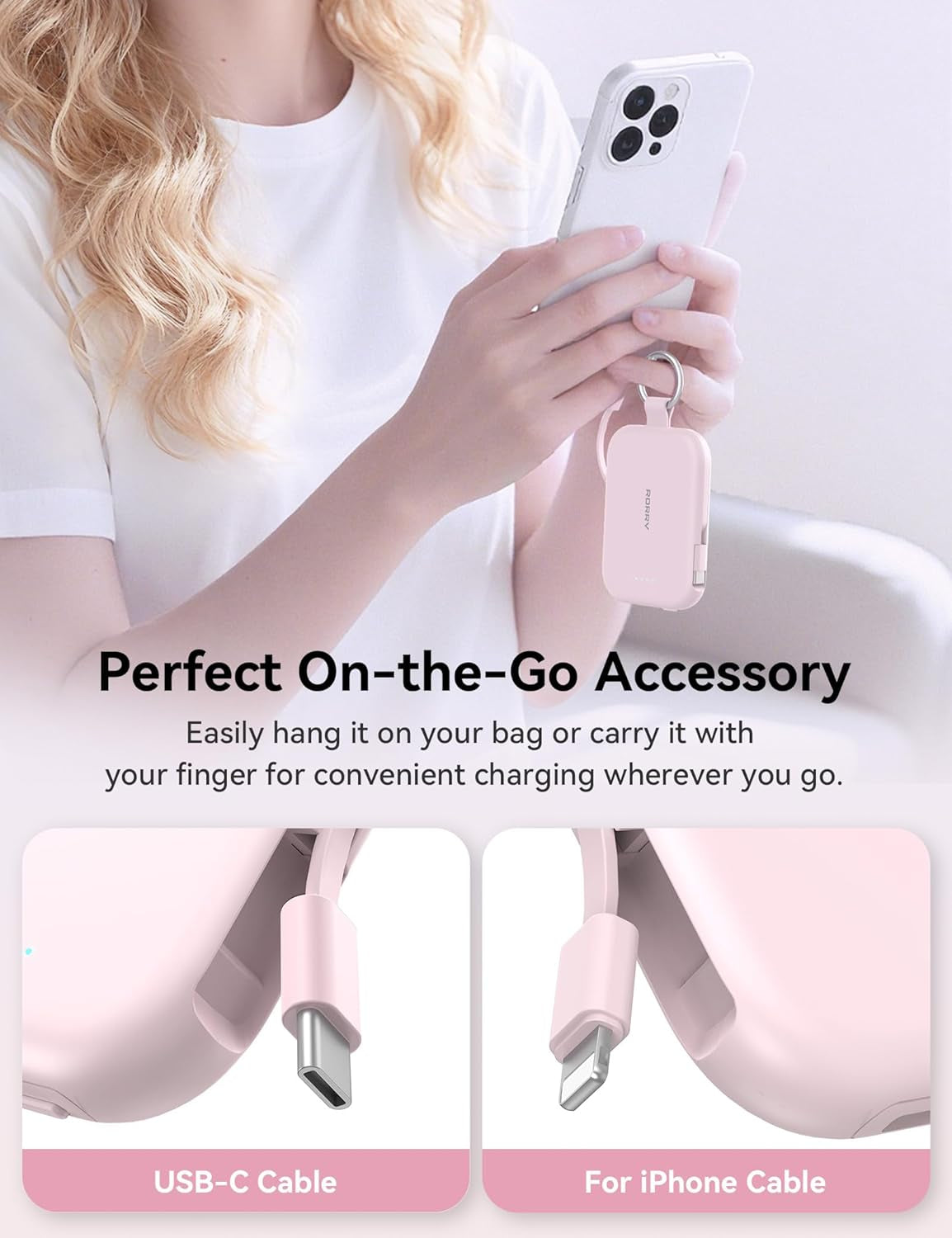 Portable Charger, 5000Mah Portable Charger Power Bank with Built-In Cables, Travel Keychain Charger Battery Pack for Iphone 17/16/15/14/13/12, for Airpods 2/3/4/Pro, Pink